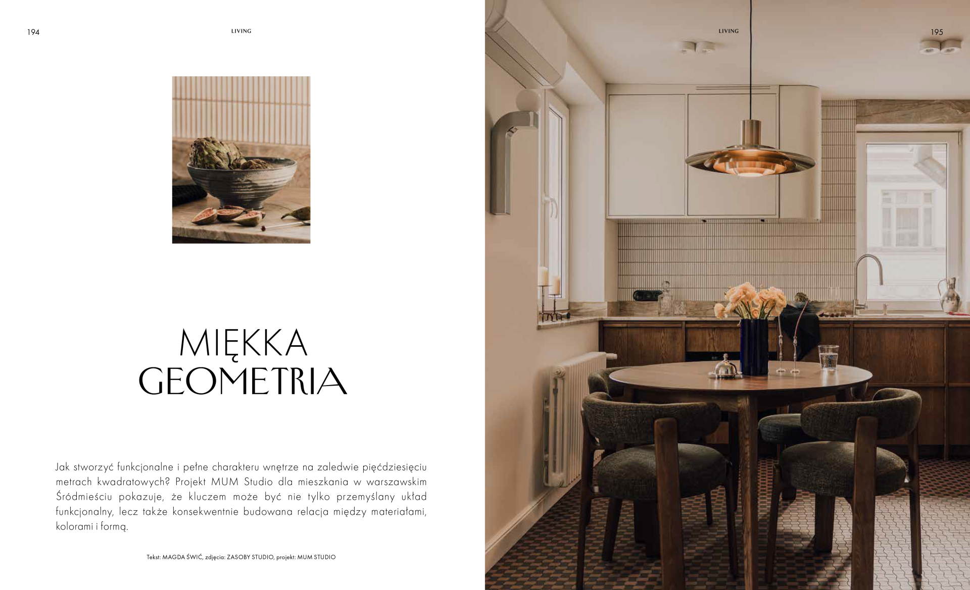 Rozkładówka magazynu Living z artykułem „Miękka geometria” o mieszkaniu zaprojektowanym przez MUM Studio