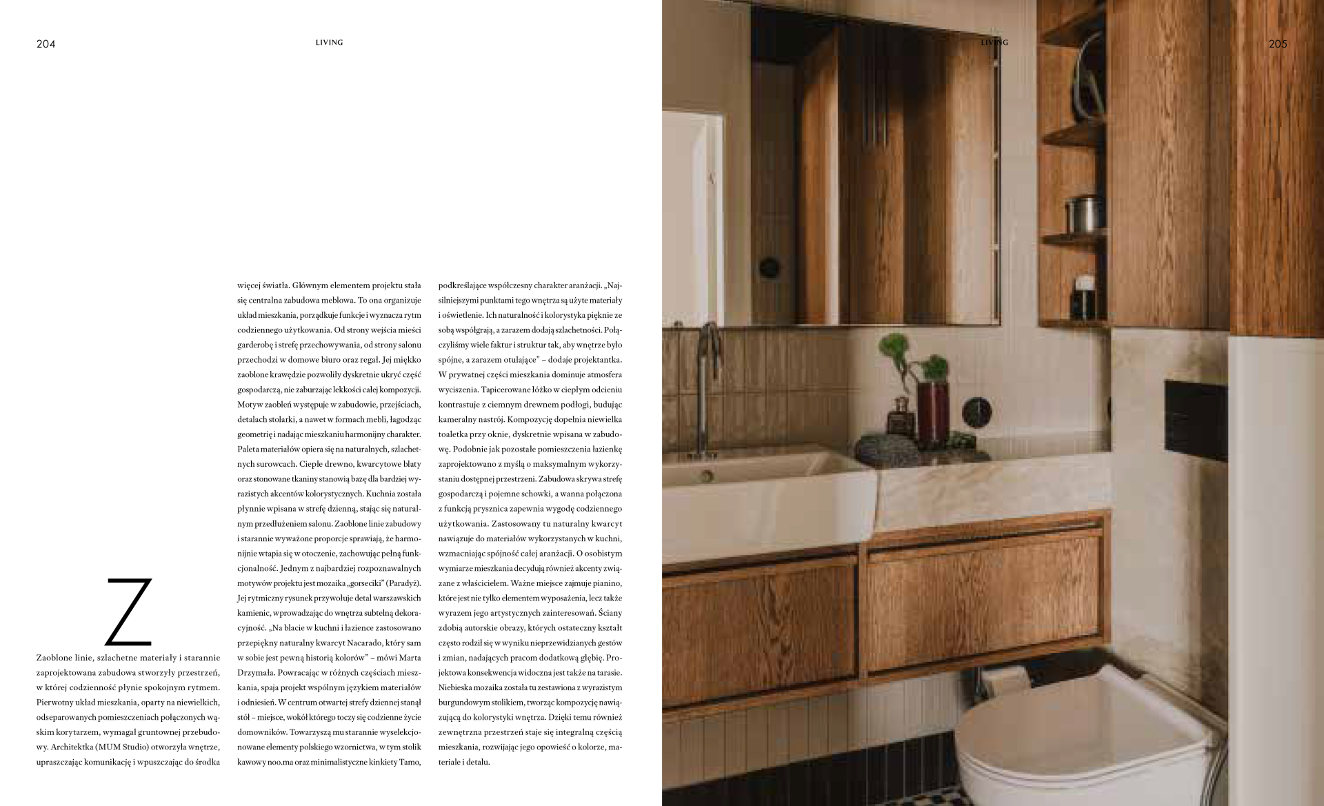 Rozkładówka magazynu Living – dalsza część artykułu, zdjęcie łazienki z drewnianą zabudową